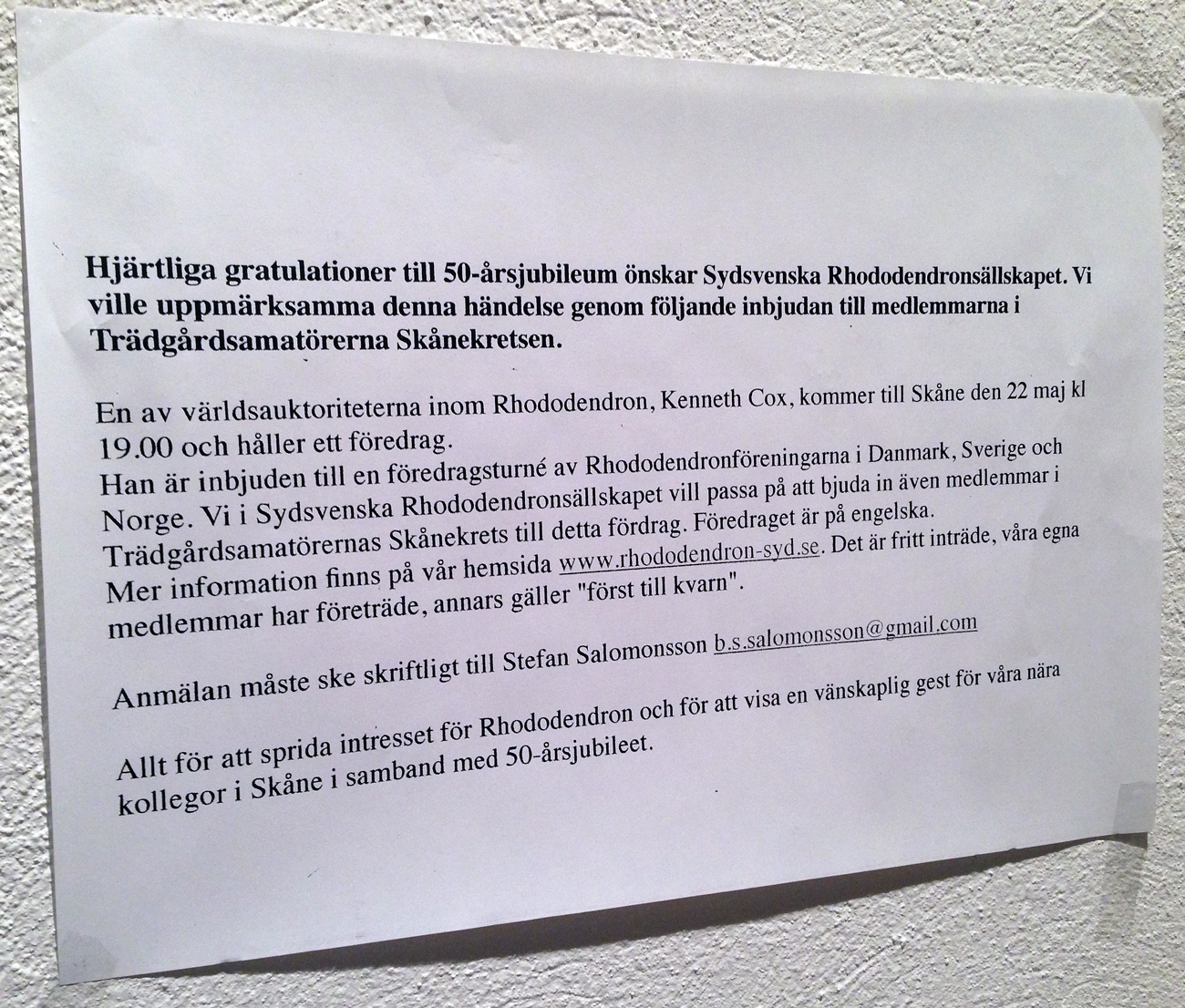 Gratulationer från Sydsvenska Rhododendronsällskapet